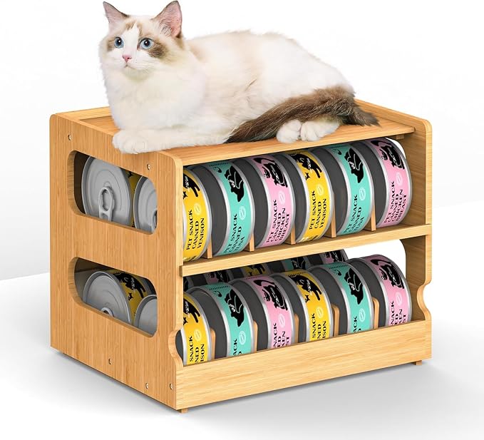 Stackable Bamboo Cat Food Can Organizer, Cat Canned Food Organizer Storage | 2-Tier Adjustable Stacking Can Dispensers, First-In & First-Out System, Holds Up to 36 Cans - for Pantry, Cabinet, Countertop by Teamkio