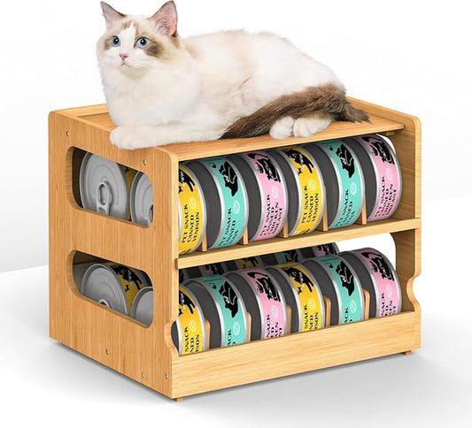 Stackable Bamboo Cat Food Can Organizer, Cat Canned Food Organizer Storage | 2-Tier Adjustable Stacking Can Dispensers, First-In & First-Out System, Holds Up to 36 Cans - for Pantry, Cabinet, Countertop by Teamkio