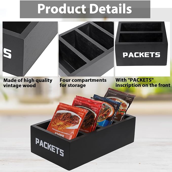 BSTKEY Seasoning Packet Organizer, Food Packet Storage Organizer with 4 Compartments, Black Wooden Storage Caddy for Kitchen Pantry Cabinet, Farmhouse Kitchen Organization Bin for Snacks Spice Packets - Image 3