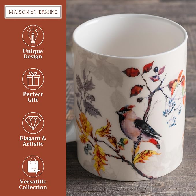Maison d' Hermine Coffee Mug with Handles Tea Cups (12 Ounce, Pack of 1) | Fine Bone China Coffee Mugs for Hot Beverages Cappuccino Latte Home Restaurant Spring Summer -Equinoxe - Beige - Sparrows - Image 2