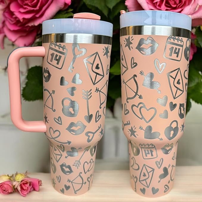 Western Engraved 40oz Tumbler, Tumbler with handle, Cowgirl Tumbler, Country Mug with Handle (Blush(7)-Valentines day(D3))