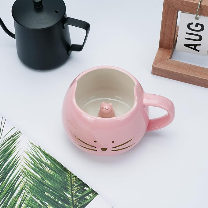Koolkatkoo Cat Mug Cute Ceramic Coffee Mugs Hidden 3D Animal Inside Cup Novelty Tea Cup for Women Girl Gifts for Cat Lovers Holiday Mothers Day Christmas Birthday Gifts 12 oz Pink - Image 5