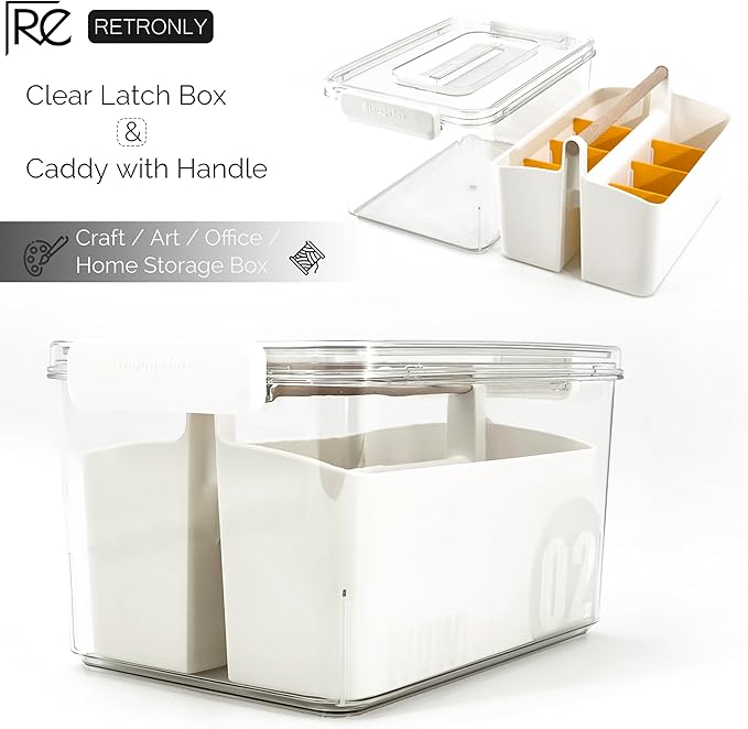 Art Craft Caddy with Lid - Art Supply Storage Organizer, Teacher Tool Box, Clear Craft Box for Kids(11'', Orange, 2in1 Set)