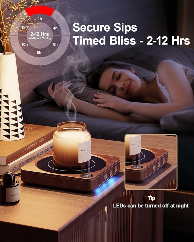 House Gem Mug Warmer - 36W Coffee Mug Warmer for Desk with Temperature Display, 2-12Hrs Auto Shut Off, Smart Candle Warmer - Ideal Coffee Gifts Accessories Keep Beverages Coffee Warmer (Wood) (Wood) - Image 5