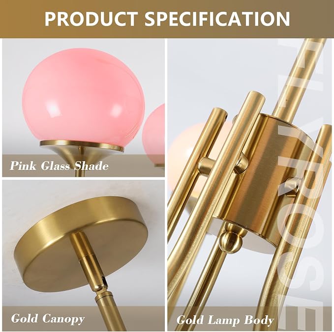 5-Light Pink Glass Ceiling Light Brass Gold Globe Pendant Light Modern Pink Bubble Chandelier Girls Bedroom Chandelier Light Fixture - Image 3