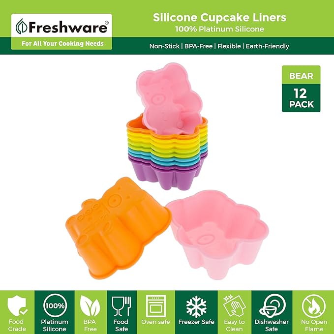 Freshware Cupcake Liners, Pack of 12 Silicone Muffin Cups, Reusable & Non-stick Cupcake Liners for Party Halloween Christmas, Bear
