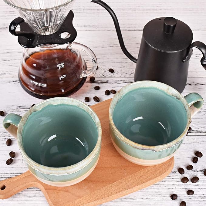 Bosmarlin Large Ceramic Coffee Mug Set of 2, Stoneware Jumbo Latte Mugs for Office and Home, 16 Oz, Dishwasher and Microwave Safe(Green, 2) - Image 6