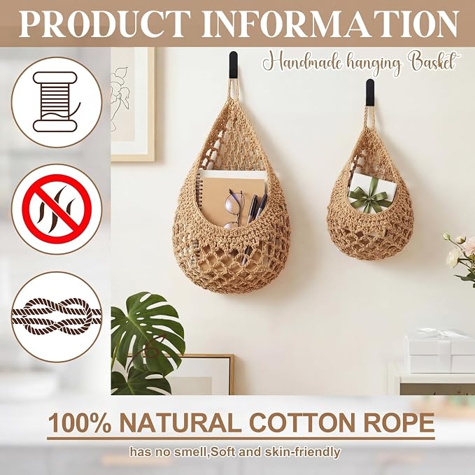 Honeydak Boho Decor Hanging Wall Baskets for Kitchen 3 Pack Teardrop Baskets with Hooks Storage Fruit Onion Vegetable Potato for Home 3 Sizes(Light Linen,Crochet,Cotton Rope) - Image 5