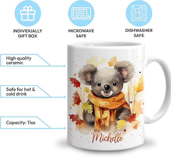 Hyturtle Personalized Fall Koala Coffee Mug Gifts on Birthday, Autumn Décor | Gifts For Koala Lovers - Fall Decoration Gift For Farmhouse Thanksgiving - Custom Name 11oz White Ceramic Coffee Tea Mug - Image 3