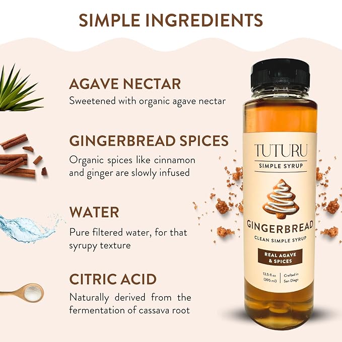 Gingerbread Simple Syrup for Coffee, Cocktails, Matcha - Sweetened with Agave Nectar - Infused with Real Gingerbread Spices - 13.5 oz