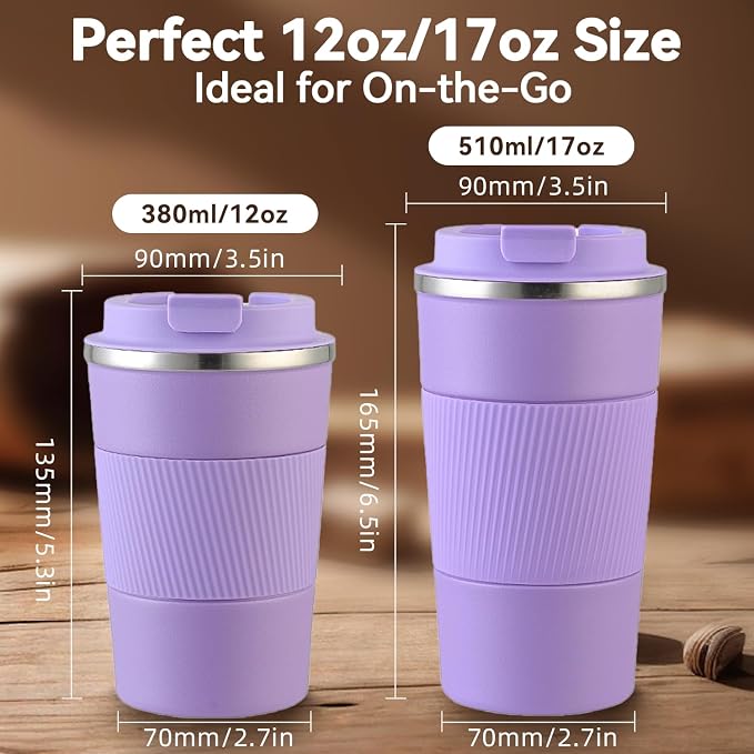 12OZ Travel Coffee Mug Insulated Coffee Cup with Spill Leak Proof Lid, Portable Stainless Steel Tumbler Reusable Hot and Cold Water Mug for Car, Daily, Camping- Purple - Image 2