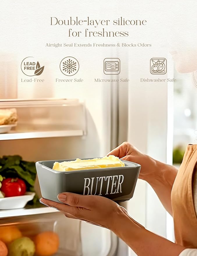 Ceramic Butter Dish with Lid and Knife & Silicone Seal for Countertop Grey | Suitable Capacity, Great Sealing, Home Decor Kitchen Gift Housewarming Gift - Image 3