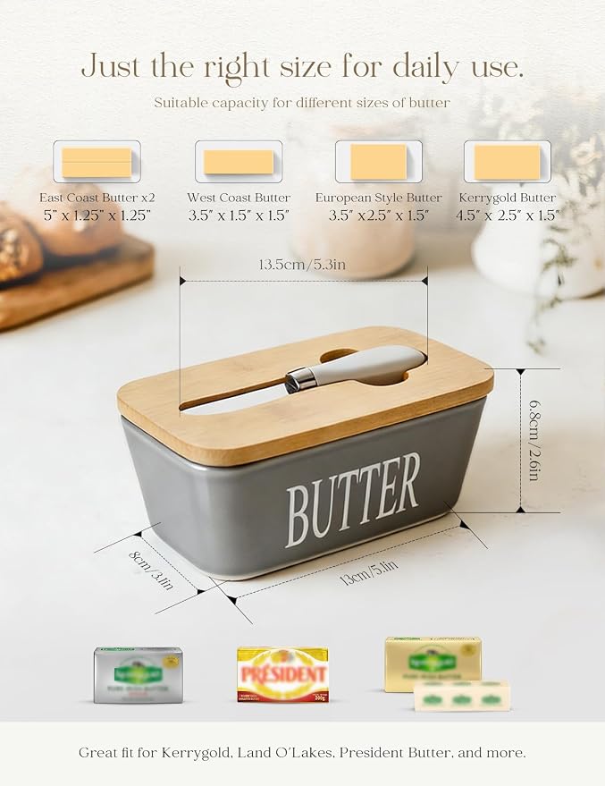 Ceramic Butter Dish with Lid and Knife & Silicone Seal for Countertop Grey | Suitable Capacity, Great Sealing, Home Decor Kitchen Gift Housewarming Gift - Image 2