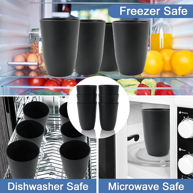 Wheat Straw Cups 6 Pcs, 16 OZ Plastic Drinking Cups, Unbreakable Plastic Drinking Glasses, Alternative to Plastic Cups Reusable, Dishwasher Safe Kitchen Cups for Party, Bathroom, RV (Black) - Image 5