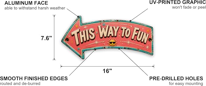 This Way to Fun Left-Pointing Arrow Sign | powder-coated metal, vintage, enamel, durable print, ready to hang - Image 2