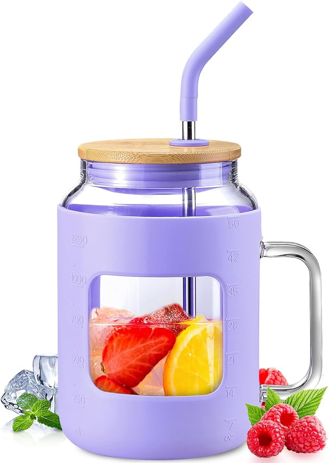 50 oz Glass Water Bottles with Silicone Sleeve,Glass Tumbler with Lid and Straw,Iced Coffee Cup with Handle,BPA Free-Purple