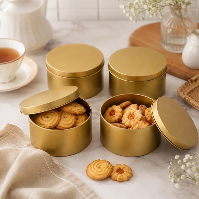 4pcs Large Round Metal Tin Box Cookie Candy Container with Lids | Lidded Design Round Metal Cookie Tin Boxes For Home And Office Decor Kitchen Displays - Image 4