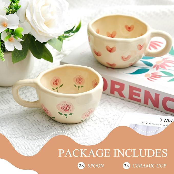 Vesici 2 Pcs Ceramic Coffee Mugs with Spoon, Vintage Floral Spring Mugs with Handle, 8.5 oz Aesthetic Flower Porcelain Tea Cup Set, Dishwasher & Microwave Safe Mothers Day Gifts for Mom(Heart,Rose) - Image 3