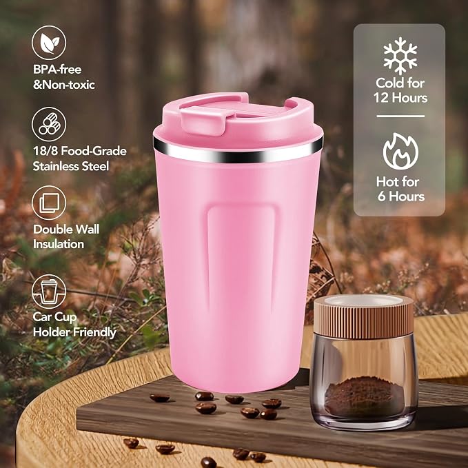 Volhoply 12 oz Double Wall Insulated Vacuum Travel Coffee Mug with Flip Lid,Reusable Stainless Steel Leak Proof Coffee Cup,Portable Iced Cafe Thermal Tumbler Suitable for Hot & Cold Drinks(Pink,1 Set) - Image 5