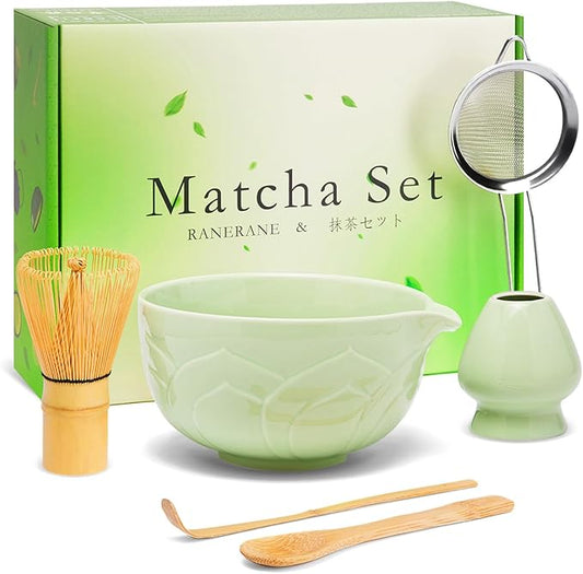 Matcha Whisk Set, Lotus Green Ceramic Matcha Set Includes Matcha Bowl, Matcha Whisk (Chasen) and Holder, Sifter, Bamboo Scoop & Spoon - 6 Pcs Matcha Kit for Matcha Lovers