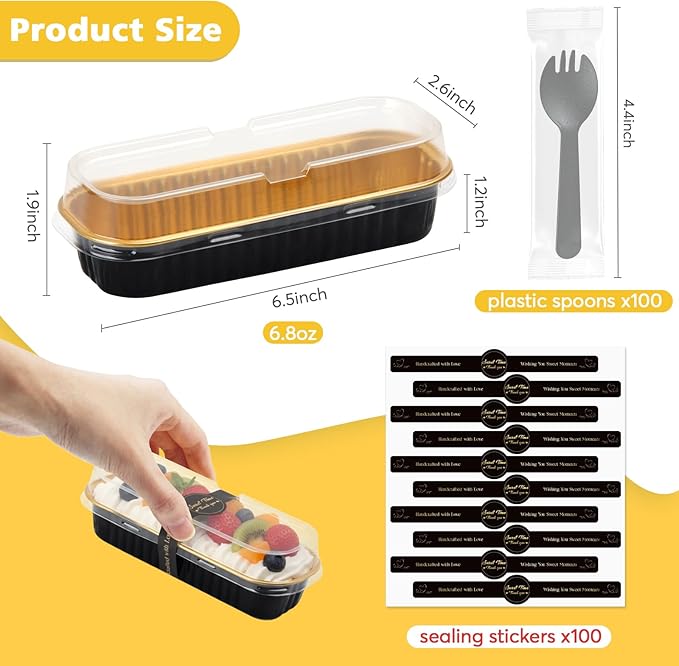 Ruckae 100 Pack Mini Loaf Pan Mini Loaf Baking Pans with Lids and Spoons,Disposable Aluminum Foil Pans, Rectangle Tin Foil Pans with Lids for Home, Pary, Picnics (Black Gold)