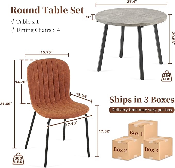 5-Pieces 37.4" Round Dining Table Set for 4,Mid Century Modern Small Coffee Table, Engineered Wood Table and Chairs Set of 4 for Kitchen, Dining Room, Office(1 Table+4 Brown PU Leather Chairs) - Image 3