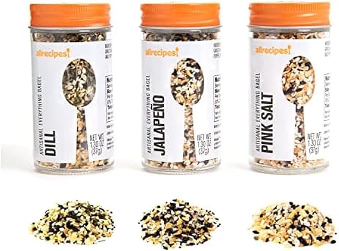 Allrecipes Artisanal Everything Bagel Blends (Dill, Jalapeño, Pink Salt) in Glass Jars with Removable Sifter Caps for Sprinkling, Set of 3, Clear, 9.63 x 6.13 x 2-Inch by Allrecipes