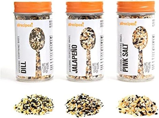 Allrecipes Artisanal Everything Bagel Blends (Dill, Jalapeño, Pink Salt) in Glass Jars with Removable Sifter Caps for Sprinkling, Set of 3, Clear, 9.63 x 6.13 x 2-Inch by Allrecipes