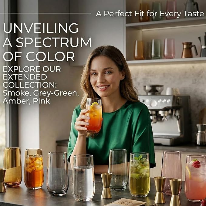 Amber Drinking Glasses Set of 6 | Translucent Yellow Glassware | 16 oz Amber Glass Cups | Highball Drinkware for Cocktails, Long Drink, Mojito, Juice, Soda | Modern Sun-Tinted Drinkware - Image 5