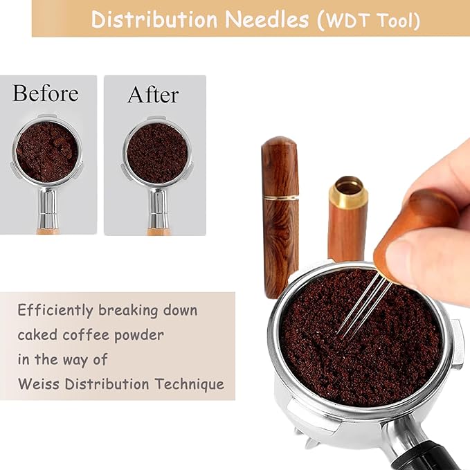 7Pcs Wooden Espresso Kit 51mm, Espresso Tamping Station, Coffee Distributor and Tamper Set, Wooden Coffee Bar Accessories with WDT Stirrer, Latte Pen, Paper Filters, Brush for Home Coffe House