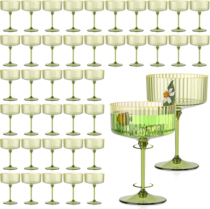 50 PCS Ribbed Martini Glasses Bulk 10oz Green Champagne Martini Glasses Plastic Gold Rim Espresso Martini Glass Vintage Coupe Glass Margarita Glasses Glassware Dessert Cup for Birthday Party Wedding by Unknown