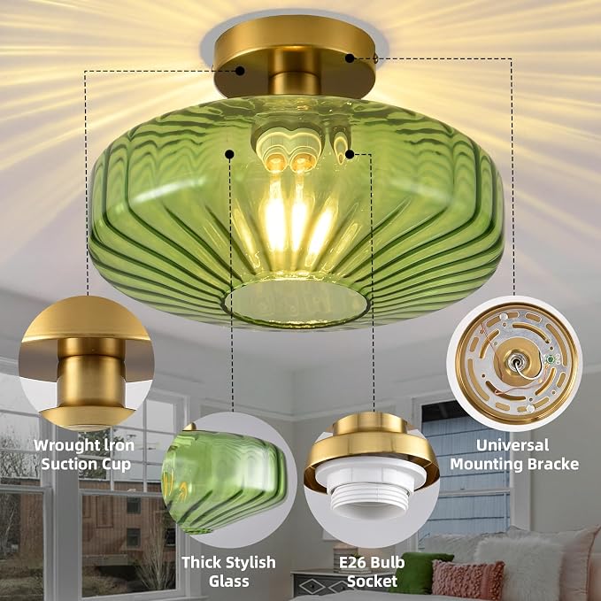 Semi Flush Mount Ceiling Light,11.8 Inch Vintage Green Glass Ceiling Light Fixture,Art Deco Kitchen Lighting Fixtures Ceiling for Hallway Porch Bedroom Bathroom Dining room,E26 Base(Bulb Not Included) - Image 4