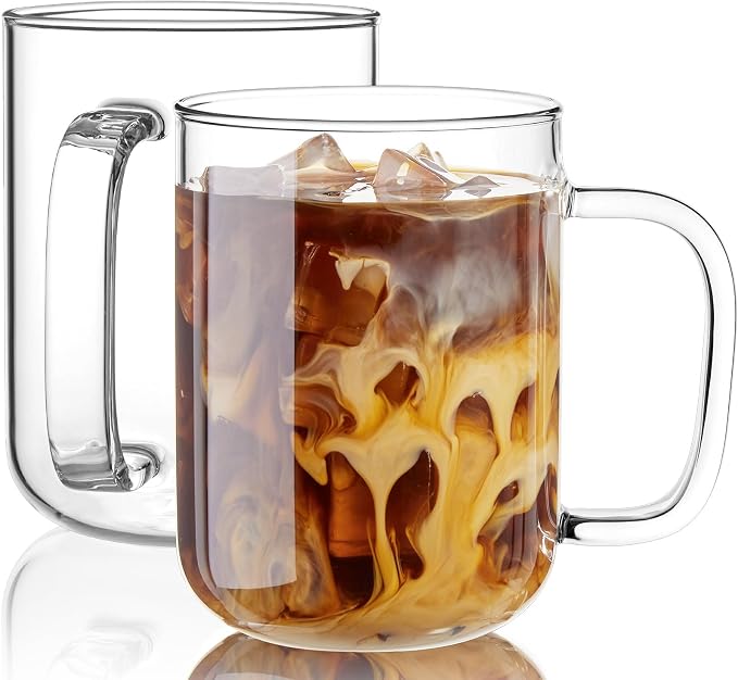 Glass Coffee Mugs, 24 oz Ice coffee cups, Large Clear Tea Cups Set of 2, Glass Mugs with Handles, Glass Cups for Latte, Cappuccino, and Tea by BWODYAY