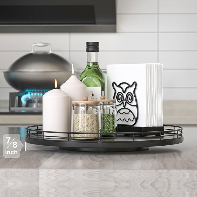 Oroyutor 13-Inch Oak Lazy Susan Spice Organizer, Black Finish | Rotating oak tray organizes spices, toiletries and decor on kitchen counters, bathroom vanities, dining and coffee tables. - Image 2
