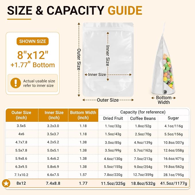 ANZNKU 100PCS Mylar Bags Resealable Large Smell Proof Bags(White, 8x12) | Stand Up Foil Pouches Clear Window, Sealable Bags for Small Business Packaging Snack Party Favors Candy Treats Food Storage - Image 2