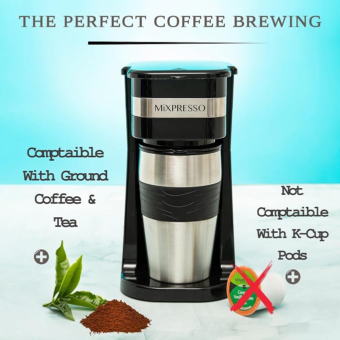 Mixpresso Single Serve & Single Cup Coffee Maker with 14oz Travel Mug Black | For ground coffee only, reusable filter, auto shut off. Compact personal drip coffee maker, not compatible with K-Cup pods. - Image 4