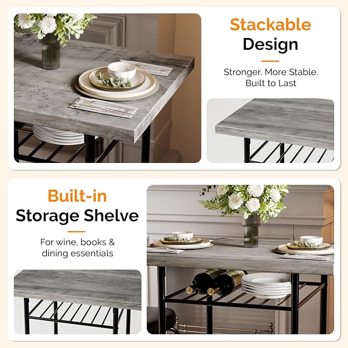 VINGLI Dining Table Set for 2, Small Kitchen Table Set with Upholstered Chairs, 3-Piece Dining Set with Storage Rack, Wood Dining Room Set with Metal Legs for Small Spaces, Living Room, Grey - Image 6