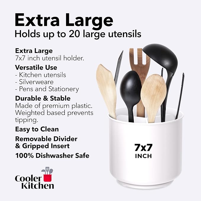 Cooler Kitchen Jumbo XL Rotating White Plastic Utensil Holder Caddy with Sturdy No-Tip Weighted Base, Removable Divider, and Gripped Insert - Dishwasher Safe Kitchen Utensil Holder for Countertop - Image 5