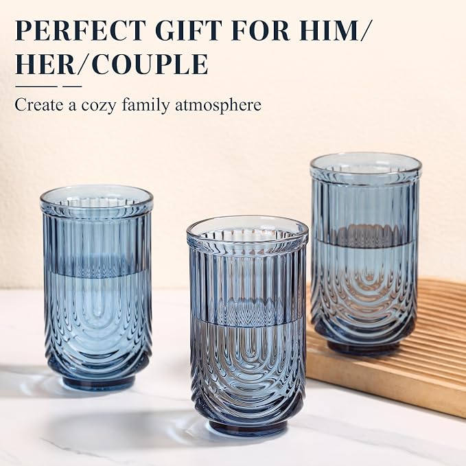 Blue Vintage Drinking Glasses Set of 6-17oz Hand-Blown Highball Ribbed Glassware, Arch Design Cocktail Glasses for Whiskey Water Beverages Ice Coffee Juice Milk - Image 5