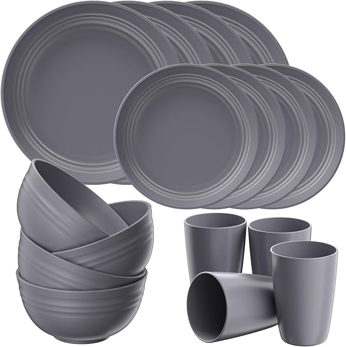 Quatish 16 Piece Plates and Bowls Sets for 4, Unbreakable Dinnerware Sets, Plastic Dish Set for Camping, Dishwasher Microwave Safe, Outdoor Kitchen and Apartment Dorm Dinning RV Essentials, Grey by Quatish