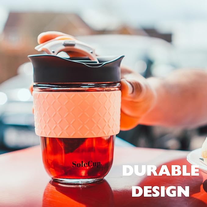 Reusable Strengthened Glass Travel Cup - Spill Proof Insulated Coffee Mug - 12oz/340ml BPA-Free Hot Drink Travel Mug with Lid & Silicone Band (Red, 12oz)