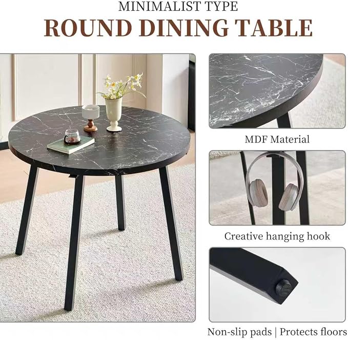 Small Round Dining Table Set for 4 People, 37" Modern Kitchen Table | 5-Piece Set, Faux Black Marble MDF table, 4 Green Velvet Chairs, Easy Assembly, Space-saving, Fits Small Dining Room - Image 9