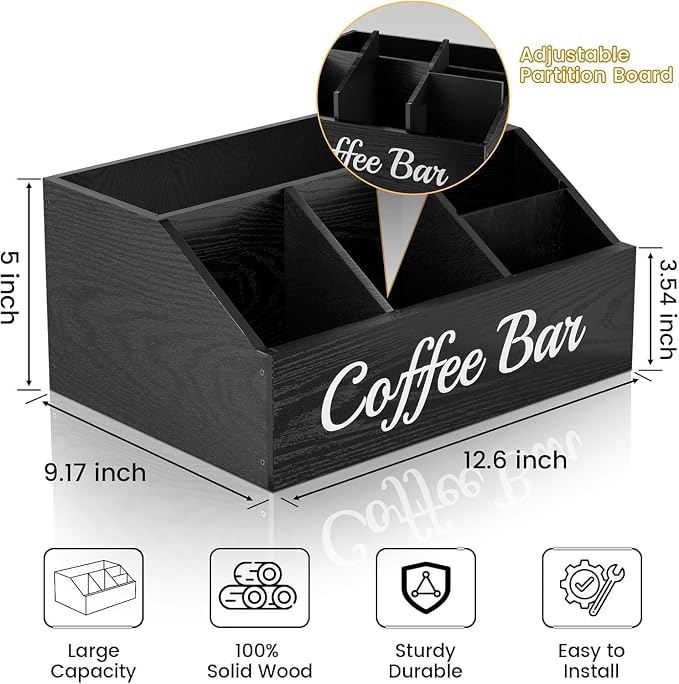 2 Pack Coffee Station Organizer for Countertop – Wooden Coffee Bar Organizer with Adjustable Dividers,Holds K Cup Pod & syrup bottles, for Kitchen, Office, or Bar and Tea Station, Black - Image 3
