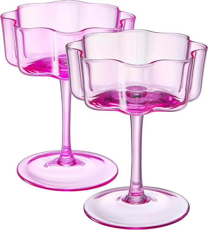 Flower Scalloped Vintage Wavy Petals Wave Glass Coupes 7oz Colorful Martini, Champagne & Cocktails, 2 Pink & Blush Set Amber Rippled Champagne Glasses, Elegant Bar Glassware, Aesthetic Coupe Glassware by Khen