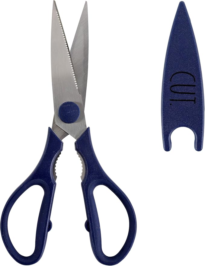 Rae Dunn Kitchen Scissors- Stainless Steel Kitchen Shears, Cooking Scissors for Cutting Meat, Chicken, Herbs and Produce with Blade Cover and Soft Grip Handles (Blue) by RaeDunn