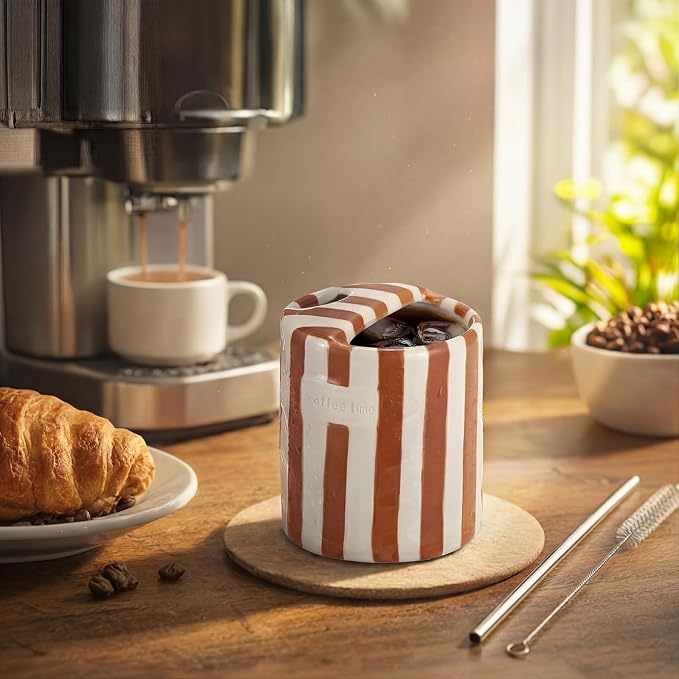 1 Pack Ceramic Coffee Mug with Sip Hole Espresso Cup 10oz with Straws Retro Hand Painted Striped Ceramic Iced Coffee Tea Travel Mug Latte Cup for Kitchen Dining (Simple,Brown) - Image 5