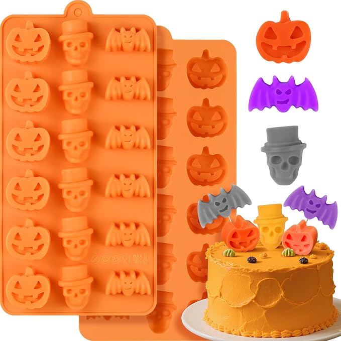 Halloween Chocolate Molds, 2 Pack Halloween Silicone Candy Mold 36 Cavity | Small Pumpkin Silicone Mold Skull Gummy Molds and Bat Design for Chocolate Candy Jelly Ice Cube Cookies, Trick or Treat Party by SIQINZONGWA
