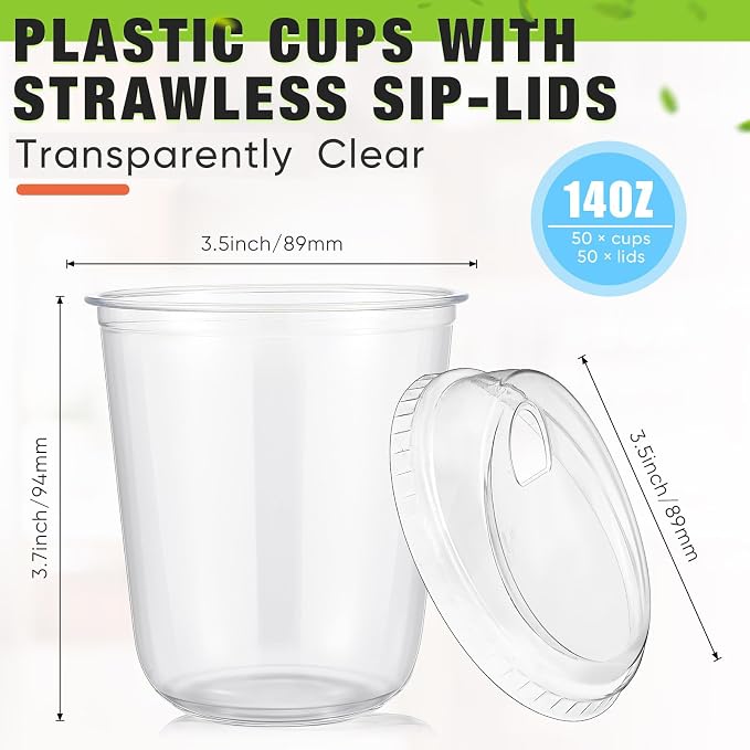 Ziliny 50 Sets Clear Plastic Coffee Cups with Sip Lids, Disposable Plastic PET Crystal Cups for Iced Coffee, Smoothie, Cold Beverage, Drink Shops and Party Catering(Clear,14 oz) - Image 3
