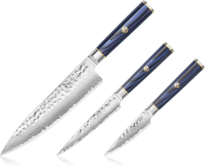 Cangshan KITA Series 3-Piece Starter Knife Set (8" Chef + Serr. Utility + 3.5" Paring) High Carbon X-7 Damascus Steel Blades with Ash Wood Box, 501530 (3pc)