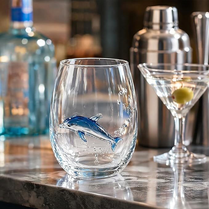 Ocean Themed Dolphin Hand-Blown Coastal Glassware | Ocean Themed Octopus Glassware Hand Blown Coastal Stemless Wine Glasses - Unique Coastal Decor Gift for Ocean Lovers - Image 7